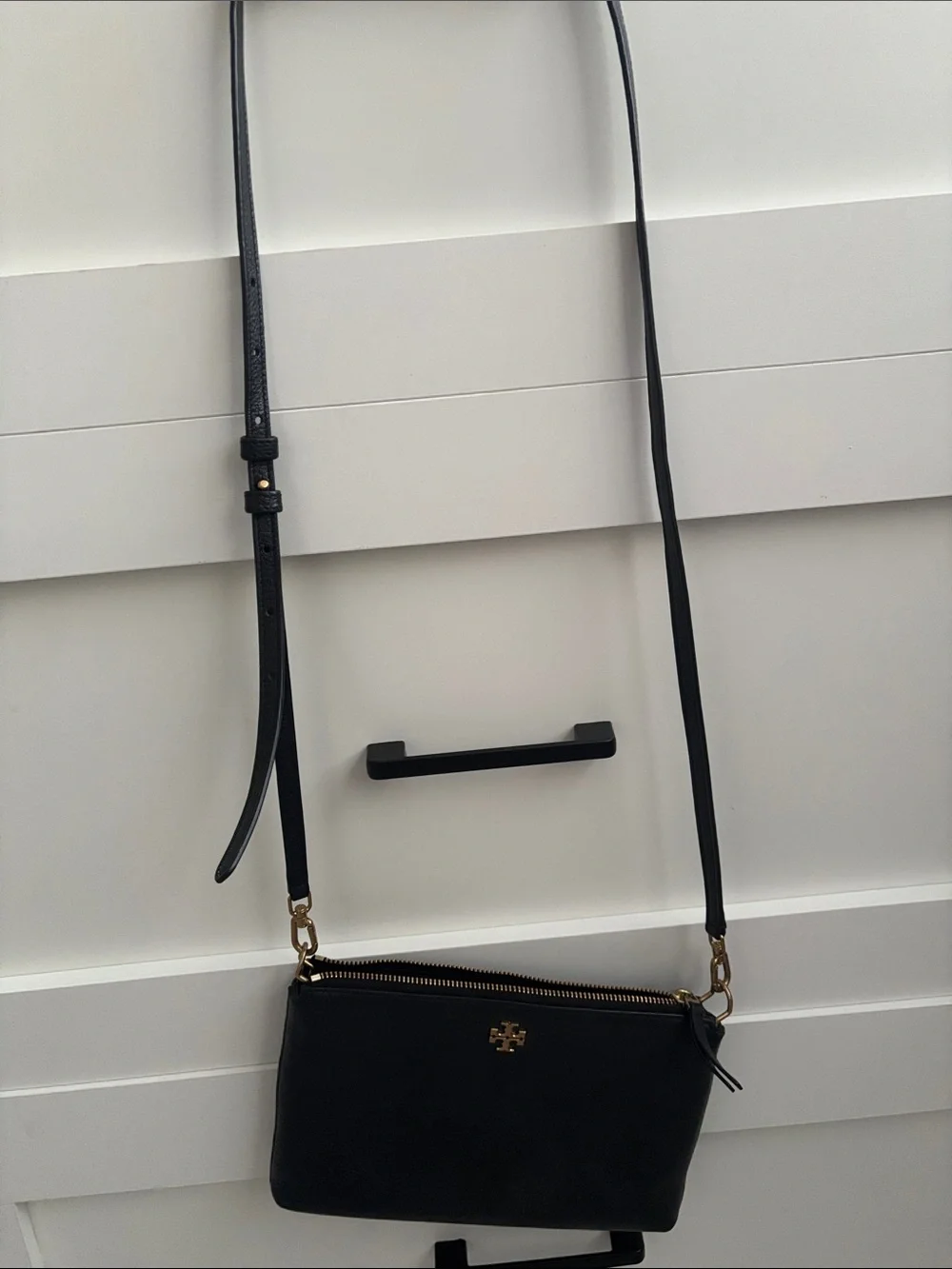 Tory Burch Black Leather Crossbody Clutch with Gold Logo